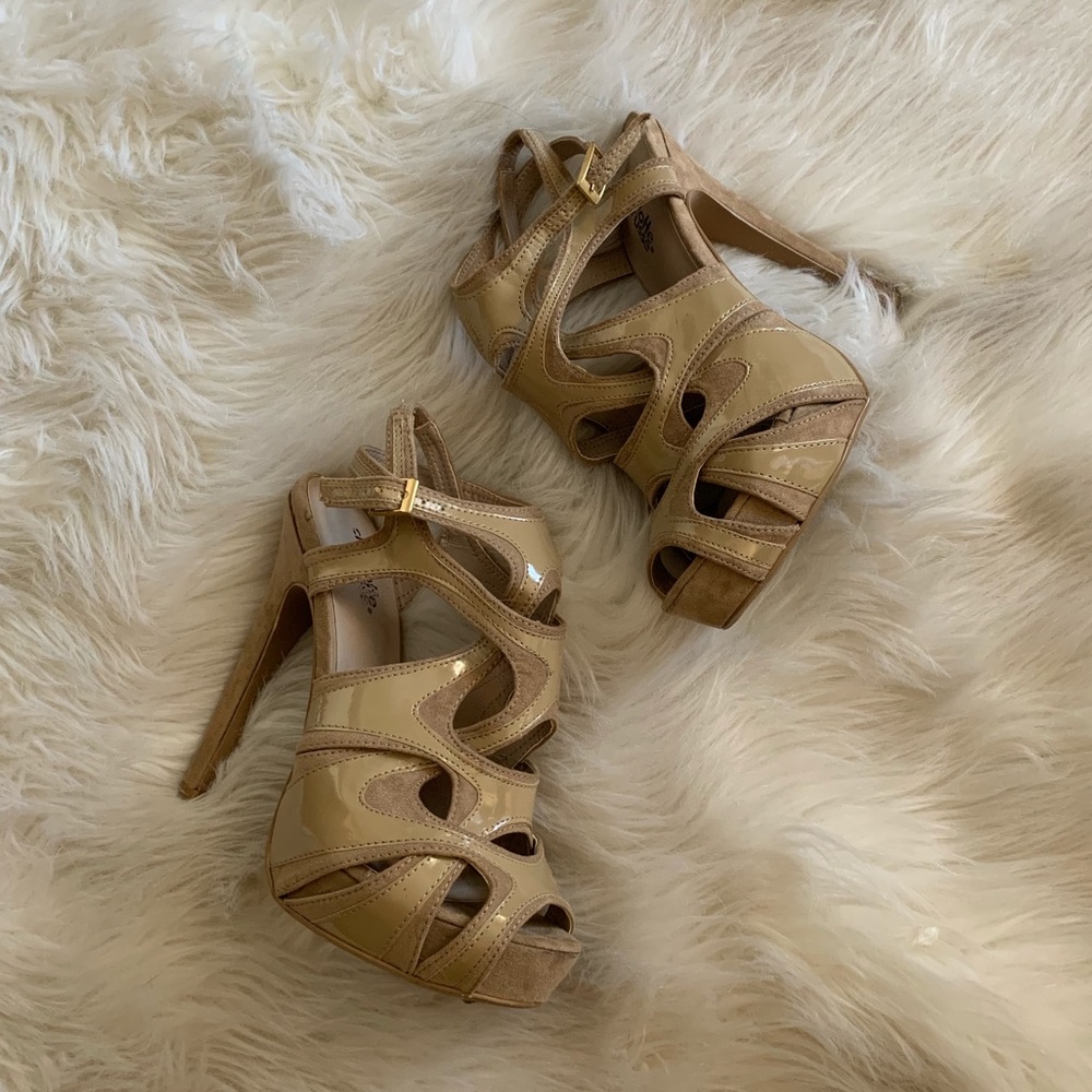 Strappy tan nude heels